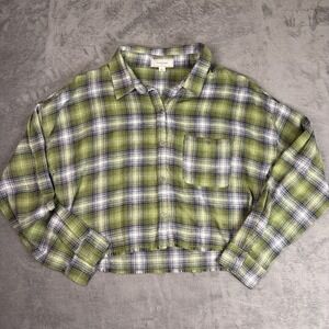 No Comment Cropped Flannel Shirt Women's L Green Plaid Raw Hem Button Up Grunge